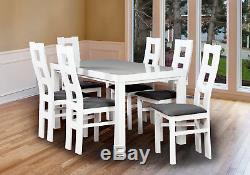 Dining Table And 6 Chairs Set Rectangle White Solid Wood Fabric Upholstered Seat