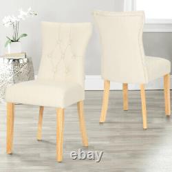 2PCS Dining Chairs Faux Leather Padded Button High Back Dinning Chairs Oak Legs