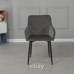2PCS Modern Grey Velvet Fabric Upholstered Dining Chairs Armchairs Metal Legs