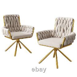 2Pcs Rotatable Dining Chairs Velvet Padded Metal Legs Kitchen Swivel Chair Beige