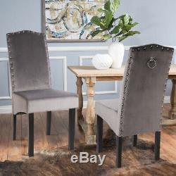 2X Grey Velvet Fabric Dining Chairs Studded Knocker High Back Upholstered Seat