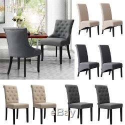 2X Tufted Scroll High Backrest Dining Chairs Wooden Leg Linen Fabric Upholstered