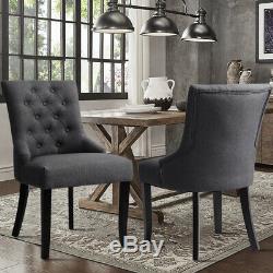 2/4 PCS Grey Fabric Upholstered Dining Chairs Button Back with Dark Legs