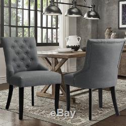 2/4 PCS Grey Fabric Upholstered Dining Chairs Button Back with Dark Legs