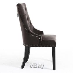 2/4 X Velvet Dark Grey Dining Chair Stud Edge Upholstered Seat For Dining Room