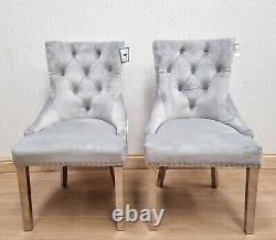 2 Dining Chairs Pair Fabric Dining Chairs Modern Grey Velour Chairs Chrome