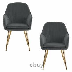 2 Grey Velvet Upholstered Dining Chairs With Armrest/Backrest/Gold Metal legs