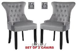 2 Grey Velvet Wing Back Dining Chairs, Ring Knocker, Velvet Upholstered