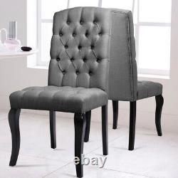 2 Luxury Button Fabric Dining Chairs High Back Chesterfield Style Solid Wood Leg