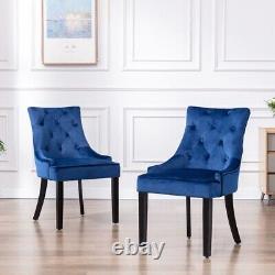 2 Navy Dining Chairs Armchair High Back Linen/Velvet Upholstered Wood Legs Home