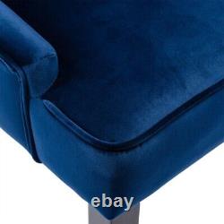 2 Navy Dining Chairs Armchair High Back Linen/Velvet Upholstered Wood Legs Home