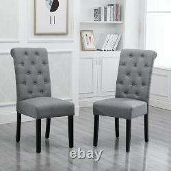 2 Pcs Grey Dining Chairs Fabric Button Tufted Padded Seat Wood Legs Diningroom