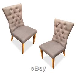 2 x Grey Upholstered Button Fabric Dining Chairs Solid Oak Legs Free UK P&P