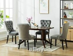 2 x Linen Fabric Dining Chairs Tufted Upholstered Kitchen Chairs Wood Legs Grey