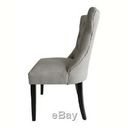 2 x Linen Fabric Dining Chairs Tufted Upholstered Kitchen Chairs Wood Legs Grey