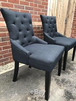 2 x SIENNA DINING CHAIRS. BUTTON VELVET UPHOLSTERED, CHARCOAL GREY, FURNITURE