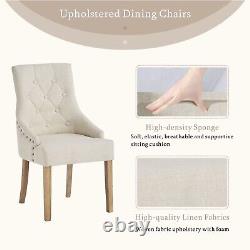 2pcs Beige Fabric Dining Chairs Button-Tufted Upholstered Armchairs with Rivets