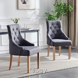 2pcs Dark Grey Fabric Dining Chairs Button-Tufted Upholstered Solid Wood Legs