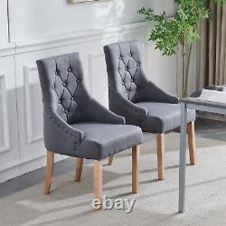 2pcs Dark Grey Fabric Dining Chairs Button-Tufted Upholstered Solid Wood Legs