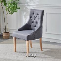 2pcs Dark Grey Fabric Dining Chairs Button-Tufted Upholstered Solid Wood Legs