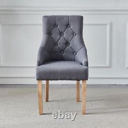 2pcs Dark Grey Fabric Dining Chairs Button-Tufted Upholstered Solid Wood Legs