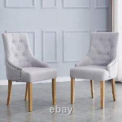 2pcs Grey Fabric Dining Chairs Button-Tufted Upholstered Armchairs with Rivets