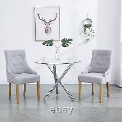 2pcs Grey Fabric Dining Chairs with Rivets Button-Tufted Upholstered Armchairs