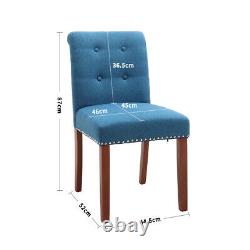 2pcs Upholstered Linen Fabric Dining Chairs Button Back Seat With Wooden Legs