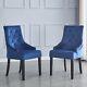 2x Blue Upholstered Velvet Dining Chairs Solid Wood Legs Button Tufted Armchairs