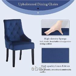 2x Blue Upholstered Velvet Dining Chairs Solid Wood Legs Button Tufted Armchairs