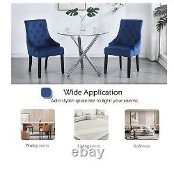 2x Blue Upholstered Velvet Dining Chairs Solid Wood Legs Button Tufted Armchairs