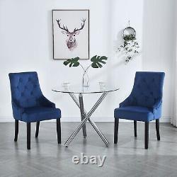 2x Blue Upholstered Velvet Dining Chairs Solid Wood Legs Button Tufted Armchairs