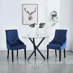 2x Blue Upholstered Velvet Dining Chairs Solid Wood Legs Button Tufted Armchairs