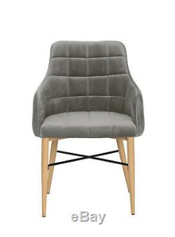 2x Dining Chairs Armchair High Back Upholstered Velvet Oak/Metal Leg Fabric Grey
