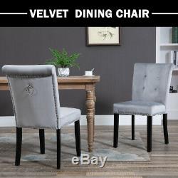 2x Dining Chairs Velvet Grey Knocker Upholstered Kitchen Office Chair High Back