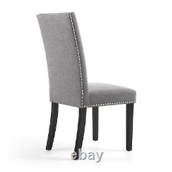 2x Dining Room Chairs Padded Studded Steel Grey Upholstered With Black Metal Legs