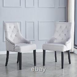 2x Grey Upholstered Velvet Dining Chairs Solid Wood Legs Button Tufted Armchairs