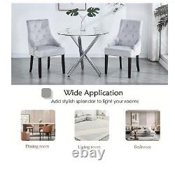 2x Grey Upholstered Velvet Dining Chairs Solid Wood Legs Button Tufted Armchairs