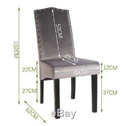 2x Grey Velvet Dining Chairs High Back Studs Upholstered Seat Kitchen Furniture