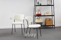 2x Modern Dining Chairs White Boucle Upholstered Seat with Black Legs