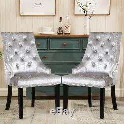 2x Silver Crushed Grey Velvet Dining Chair Button Ring Back Upholstered Armchair