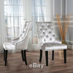 2x Silver Crushed Grey Velvet Dining Chair Button Ring Back Upholstered Armchair