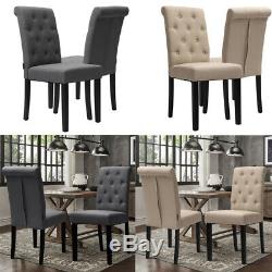 2x Solid Wood Tufted Linen Upholstered Dining Chairs High Back Dining Room Chair