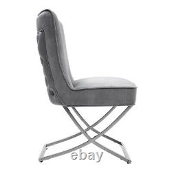 2x Velvet Upholstered Dining Chairs Steel X Shape Leg Tufted Button Side Kitchen