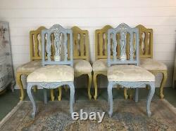 35% Off 6 Upholstered Dining Chairs, French Shabby Chic Style, Blue And Mustard