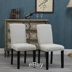 4Pcs Beige Dining Chairs High Back Fabric Upholstered with Rivets Dining Room