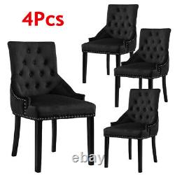 4Pcs Velvet Dining Chairs Fabric Knocker Tufted Dining Room Kitchen Padded Black