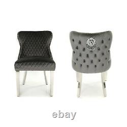 4/6 Oxford Dining Chair Dark Grey Velvet Pleated Button Lion Knocker Metal Legs