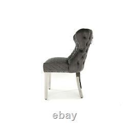 4/6 Oxford Dining Chair Dark Grey Velvet Pleated Button Lion Knocker Metal Legs
