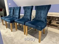 4 Blue Velvet Roll Back Upholstered Dining Chairs